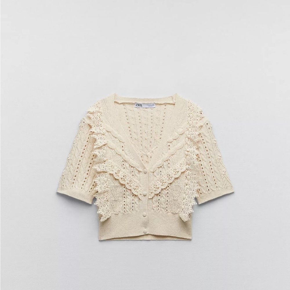 Zara RUFFLED POINTELLE KNIT LACE CARDIGAN Ivory size S